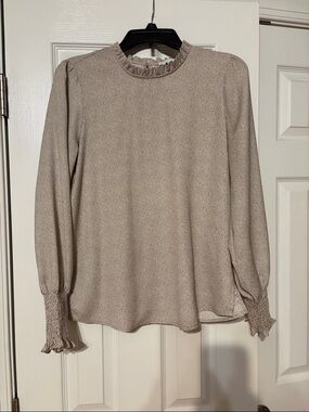 Smocked Ruffle-Neck Long Sleeve Blouse - Taupe